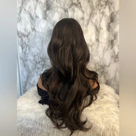 Chocolate Brown Body Wave Long Wig with bangs 24 Inch - Picture 4 of 6